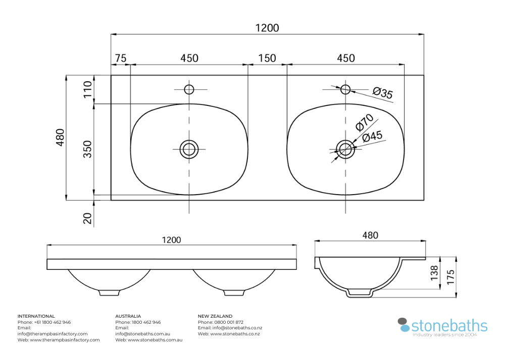 Formline 12 Flat Moulded Benchtop Basin 1200 Spec Sheet
