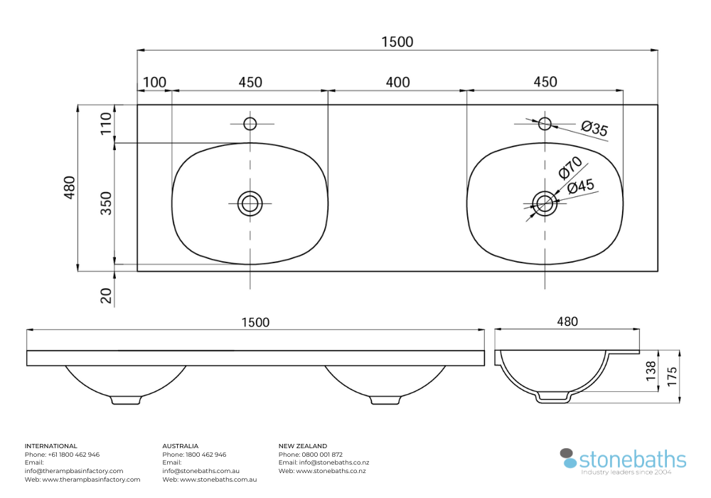 Formline 12 Flat Moulded Benchtop Basin 1500 Spec Sheet